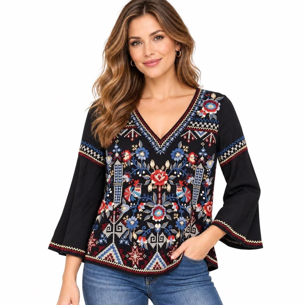 Johnny Was Tunic Blouse Womens XS Black Embroidered V Neck Long Sleeve Top Boho